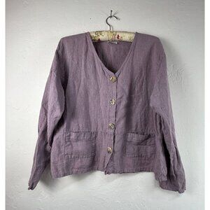 Clio Women's Button Down V-Neck Linen Casual Top Purple Long Sleeve Lightweight